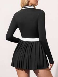 Easithlete 撞色领褶下摆运动连衣裙 - 黑色 - 查看 2