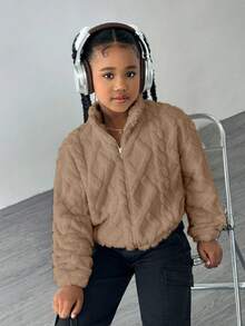 Tween Girls' White Turtleneck Geometric Fleece Casual Jacket - Coffee Brown - View 3