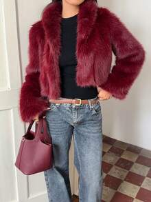 Sunnyshic 1件女士勃艮第酒红色仿皮草奢华优雅内衬夹克 - 酒紅色 - 查看 6