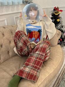 FRIFUL Pantalones rectos de cintura elástica a cuadros rojos para mujer, pantalones casuales sueltos y versátiles, para otoño/invierno, Año Nuevo, Navidad - Rojo - Ver 2