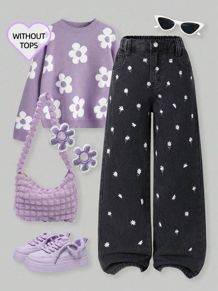 女童休闲水洗牛仔裤，刺绣设计，直筒裤 - 灰色 - 查看 1