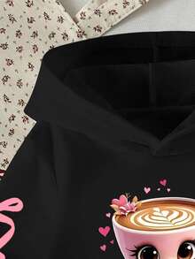 SHEIN 女童秋季休闲舒适黑色连帽卫衣，创意卡通杯子和芭蕾舞女孩图案，爱心和蝴蝶结装饰，舒适保暖，简约清新，适合秋冬季穿着。 - 彩色 - 查看 5