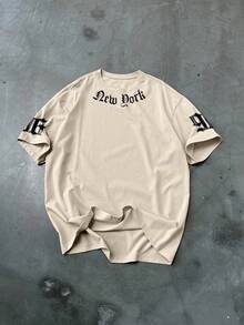 Manfinity EMRG 男士休闲字母数字印花短袖 T 恤，夏季 - 卡其色 - 查看 3