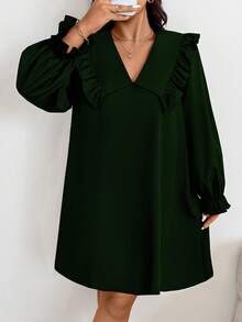 EMERY ROSE Vestido de manga abullonada con cuello Peter Pan, romántico y lindo, talla grande - Verde Oscuro - Ver 8