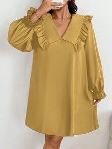 Elenzga 浪漫可爱彼得潘领泡泡袖连衣裙 - 黃色 - 查看 5