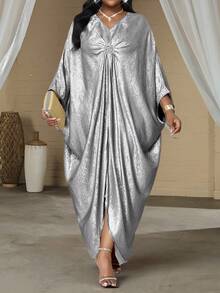 SHEIN Lady 2025新款大尺碼女款優雅銀色V領短袖亮面開衩洋裝，正式秋冬生日派對休閒洋裝 - 銀色 - 查看 4