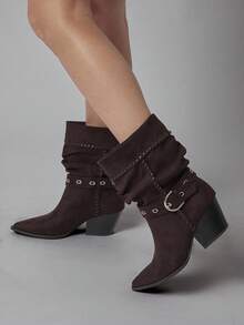 Solezae Botas de media caña holgadas con tacón de bloque y puntera puntiaguda de gamuza sintética glamorosas y sexys para mujer - Marrón Chocolate - Ver 2
