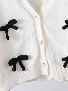 SHEIN Elladie kids Tween Girl' 休闲时尚可爱柔软简约优雅 3D 蝴蝶结长袖短款开衫毛衣，适合居家、日常穿着、上学、外出、派对、秋冬 - 白色 - 查看 5