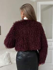 Elenzga Cropped Metal Buckle Fuzzy Cardigan - Burgundy - View 2
