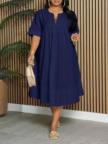 Slaydiva Plus Size Elegant & Commute & Vacation & Daily Loose Solid White Short Sleeve Notched Neck A-Line Knee-Length Dress For Women, Spring/Summer - Navy Blue - View 6