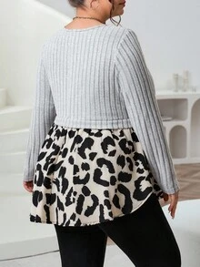 SHEIN CURVE+ 大码女士休闲优雅豹纹罗纹拼布毛衣，秋冬 - 彩色 - 查看 2