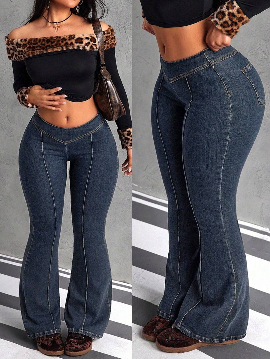 Jeanoix Quần jeans ống loe cạp thấp thường ngày cỡ lớn giặt sạch - Màu xanh lam - Xem 1