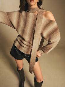 Poéselle 棕色不对称肩部毛衣，别致镂空高领围巾毛衣 – 渐变条纹套头衫，舒适中性针织面料，轻松打造秋季街头风，女士全印花不对称领长袖针织上衣（棕色），不对称针织上衣，渐变毛衣，低调奢华针织衫，舒适秋季，中性胶囊衣橱 - 彩色 - 查看 6