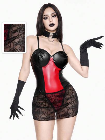 Gothic Style PU Contrast Color Steel Hoop Bodysuit, Spider Web Apron, Spider Horns Roleplay Costume, Sexy Lingerie Set