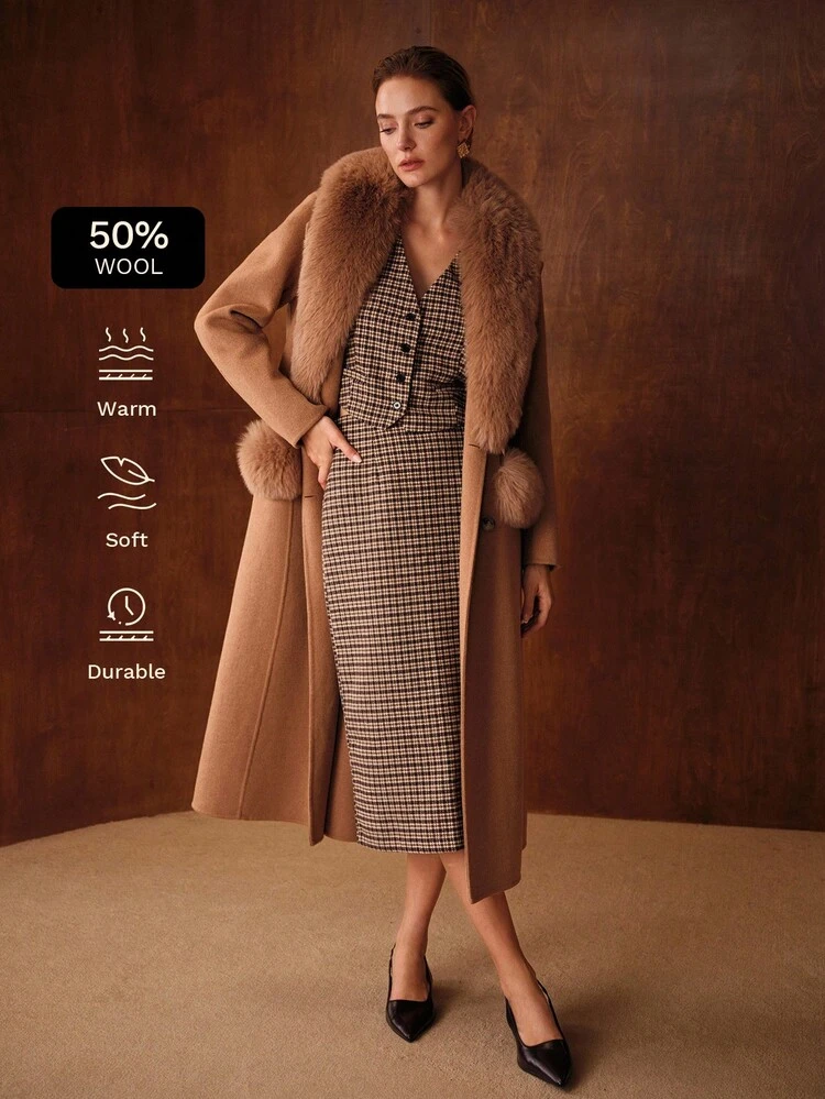 ABRIGO ELEGANTE DE LANA CON CUELLO DE PIEL Y CINTURÓN