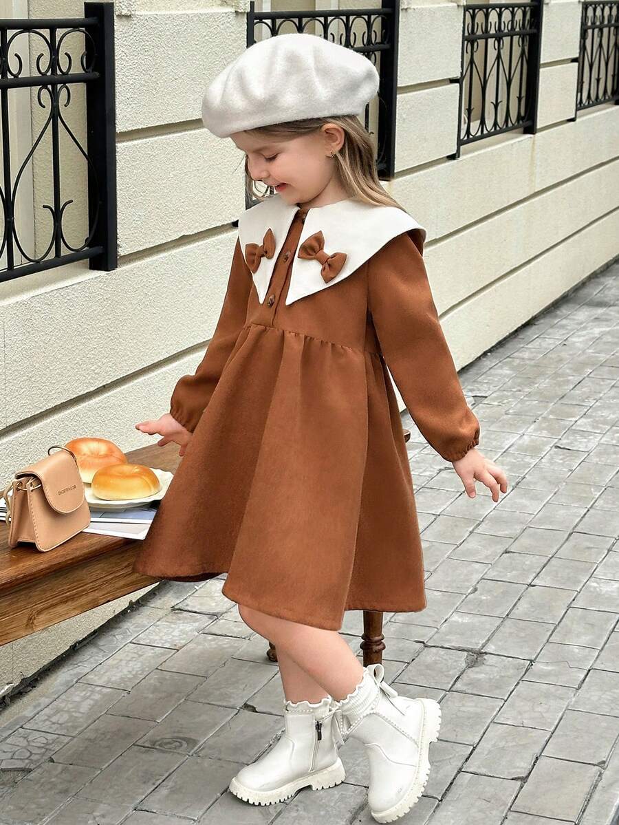 Elladie kids 1 件女童秋季连衣裙，彼得潘领，蝴蝶结装饰，前开襟，长袖，宽松版型，时尚，适合派对、生日，2025 年 - 棕色 - 查看 1