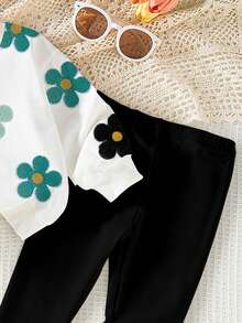 SHEIN Playful Pals 2 件套女婴休闲可爱全身花卉印花圆领运动衫和紧身裤套装，可爱甜美，适合日常和户外穿着，秋冬季 - 彩色 - 查看 4