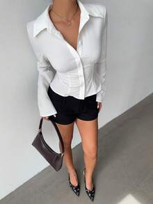 Aloruh 100%纯棉女士优雅百搭白色褶裥长袖衬衫——通勤、日常穿着、约会、正式场合、度假、办公室、工作、婚礼宾客、春夏皆宜 - 彩色 - 查看 8