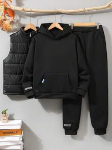 3pcs/Set Teenage Boys Casual Sports Thick Quilted Sleeveless Vest Jacket, Hooded Pullover Sweatshirt, And Outdoor Drawstring Pants, Autumn/Winter