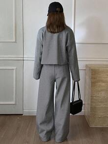 Livesso Completo casual elegante da donna per l'ufficio e il tempo libero, composto da giacca corta con stampa a quadri su tutto il capo e collo a risvolto, e pantaloni a gamba dritta, adatto per l'autunno/inverno - Cachi - Visualizzare 4