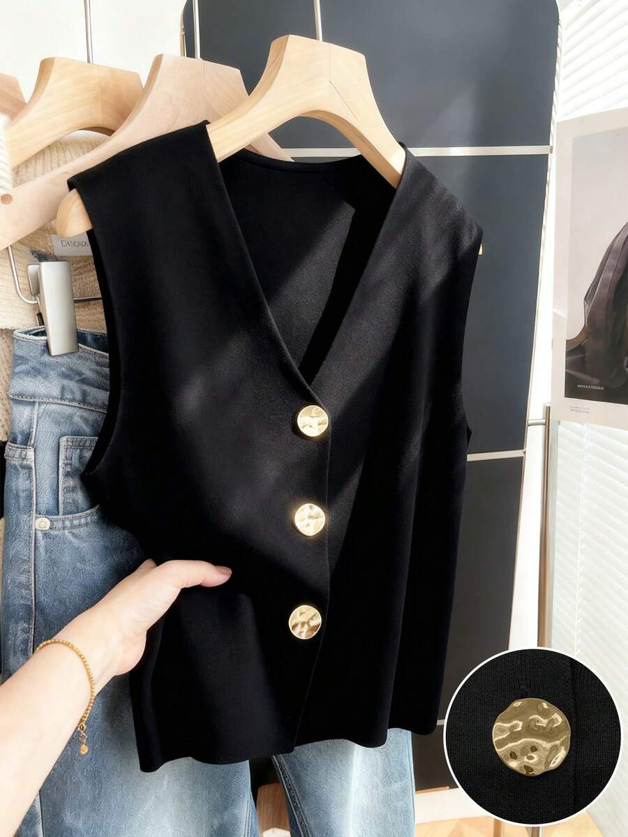 Franclia Women's Casual Solid Color Shoulder Fitted Metal Button Sleeveless Knit Vest, Autumn/WinterWomen's Autumn Clothingautumn Fall Clothes For Women Fall Autumn Clothes Fall Outfits For Women Autumn Outfits For Women Fall Clothes Autumn Women  Fall Women Clothes Autumn Clothing Elegant Fashionable Casual Commuting Business Office Daily Leisure All-Match Temperament Urban Teacher Professional Attire