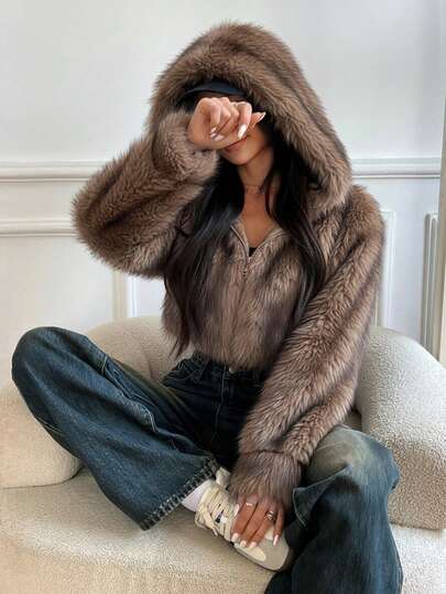 SHEIN EZwear Women's Autumn/Winter Brown Fashionable Fluffy Hooded Short Faux Fur Jacket,Winter Clothes For Women