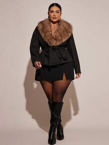 SHEIN BAE Plus Size Fashion Fur Collar Belted Jacket, Autumn/Winter - Black - View 9