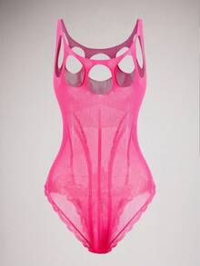 Women's Rhinestone Decor Hollow Sexy Jumpsuit - Hot Pink - View 2