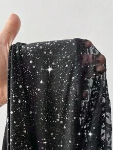 Flirla Romantisches Kleid in Große Größen mit drapiertem Ausschnitt, Kontrastspitze und anliegenden Ärmeln, geeignet für Partys, Weihnachtspartys - Schwarz - Übersicht 9