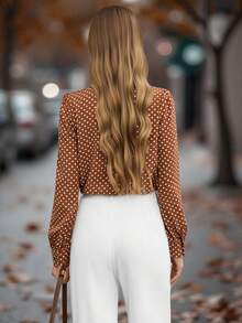 EMERY ROSE Polka Dot Ruffle Trim Shirt,Long Sleeve Tops Fall Cloth For Women - Coffee Brown - View 2