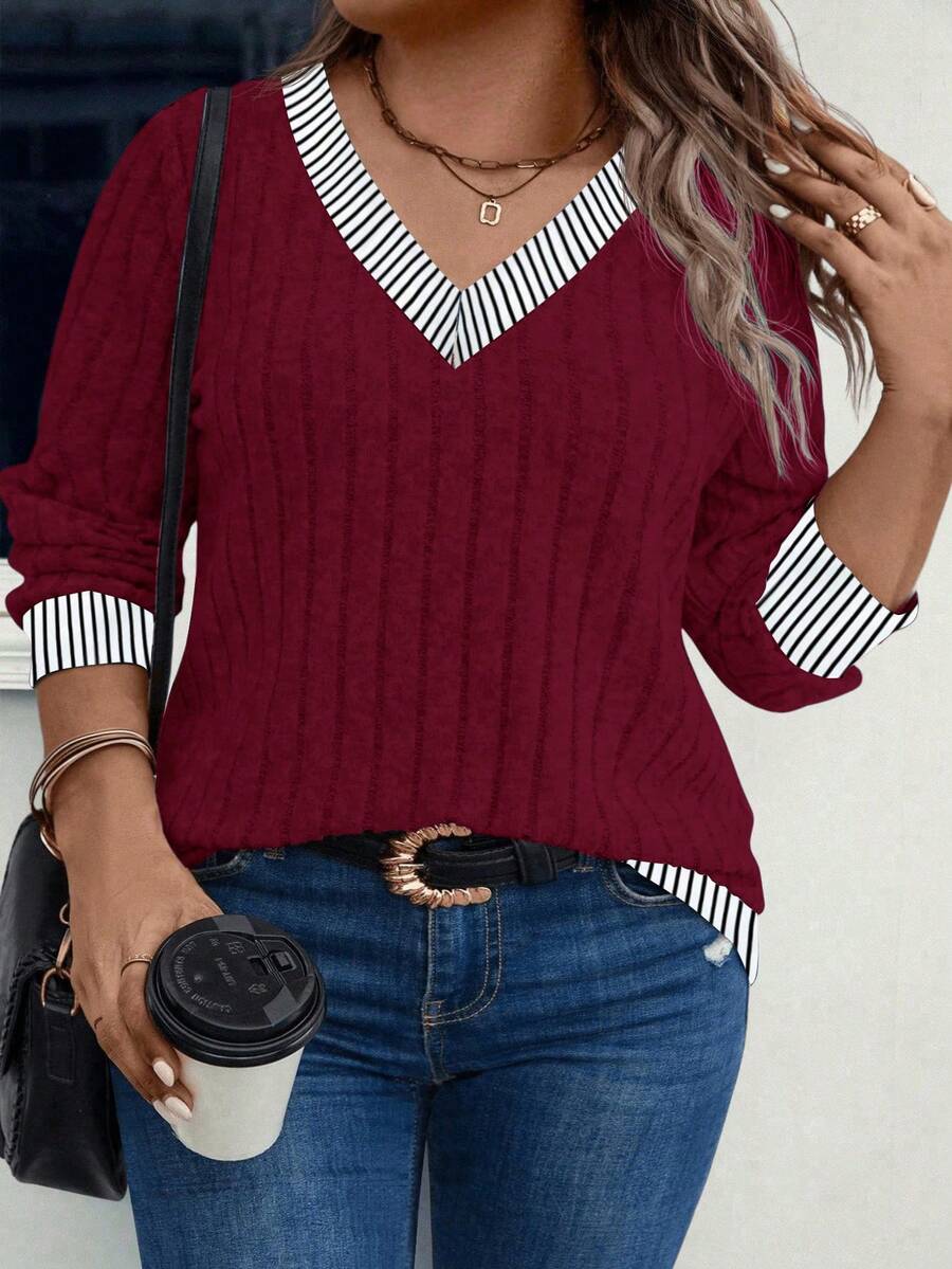 EMERY ROSE Plus Size Women V-Neck Ribbed Contrast Trim Soft Plus Size Ribbed Knit Sweatshirt, Autumn/Winter - Burgundy - View 1