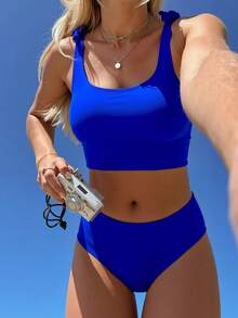 Swim Mod Summer Beach Tie Shoulder High Waisted Bikini Set - Royal Blue - View 1