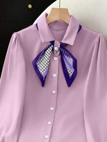 Resyla Áo sơ mi rộng rãi, cổ tròn, tay bồng, cài khuy đơn giản dành cho nữ - Màu tím - Xem 4