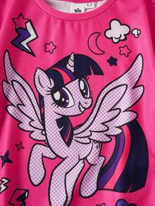 My Little Pony X SHEIN 年轻女孩夏季休闲可爱卡通独角兽印花宽松T恤和自行车短裤套装