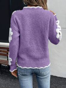 EMERY ROSE Women's Elegant Floral Pattern Lace Trim Sweater, Autumn/Winter - Purple - View 2