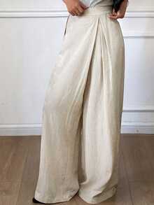 DAZY Women's Loose Asymmetric Wide Leg Pants, Casual Vintage Style, Autumn/Winter - Apricot - View 4