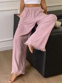 DAZY Ruffled Hem Patchwork Loose Long Women Cozy Pajama Bottoms - Dusty Purple - View 1