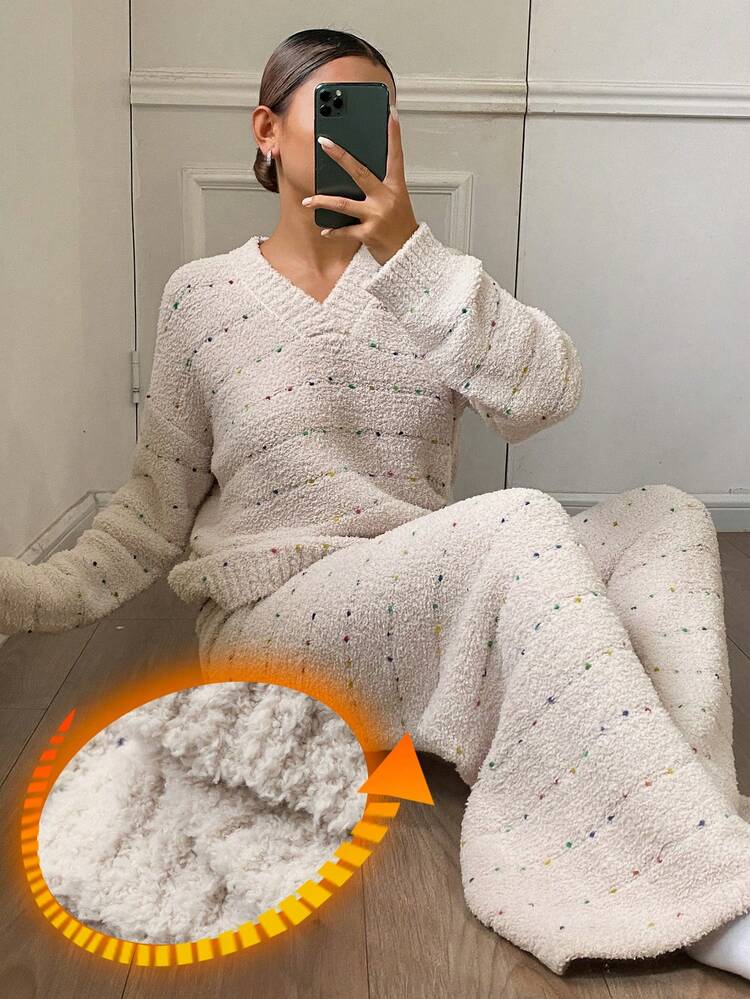 Women's Plush Striped & Polka Dot Jacquard Loose Fit Pajama Set, Winter, Cozy Outfit Fall Clothes