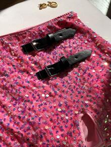 Comfortcana 女士亮片时尚派对半身裙，皮革搭扣装饰，新年女士款 - 粉色 - 查看 3