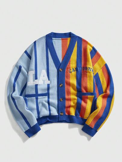 Prep Men's Colorful Striped Knit Sweater Cardigan, Retro College Style, Fall/Winter