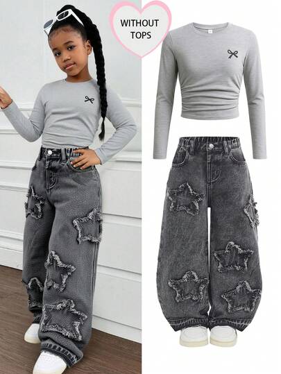 年轻女孩磨边星灰色牛仔宽松裤