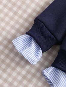 SHEIN Young Girl Casual Striped Patchwork Letter Print Sweatshirt, Autumn/Winter - Blue - View 5