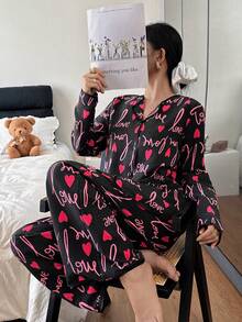 SHEIN 黑色爱心印花荷叶边前襟女士睡衣两件套，秋冬服装 - 彩色 - 查看 1