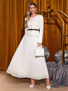 Amorya Women's Elegant Crew Neck Cardigan & Chiffon Skirt 2 Piece Set, Suitable For Daily & Occasion Wear, Autumn White Elegant Dress Women Long Sleeve Elegant Dress White Modest Dress White Skirt Set White Abaya Elegant Women's Set , Women Autumn Winter  Maija Fall Winter 2025 Women Maija - White - View 2