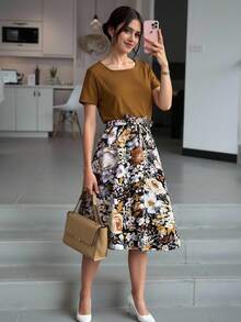 适合少女、假日、夏季、旅行的花卉印花连衣裙 - 咖啡棕 - 查看 3