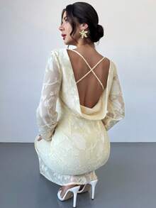 Firerie Váy dài tay họa tiết ôm sát, cổ chữ V hở lưng, buộc chéo, thanh lịch, lãng mạn và gợi cảm dành cho nữ, thích hợp cho các buổi hẹn hò, tiệc tùng, dạ hội, hàng mới về, màu vàng - Màu vàng - Xem 7