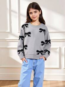 Tween Girl Ballet Style Bow Knit Sweater, Sweet & Cool Black Bow Pullover, Round Neck Loose Fit Jumper - Black - View 4