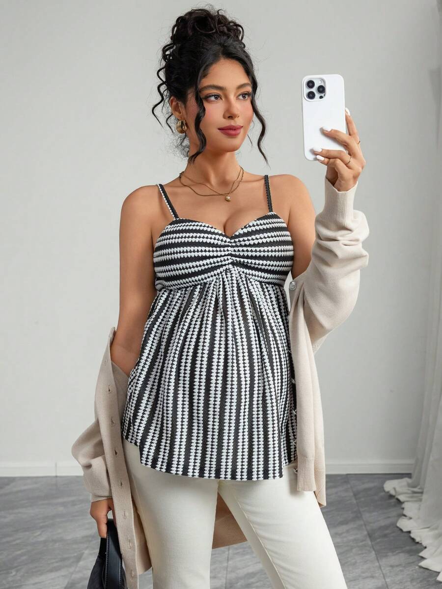 Momance 孕妇时尚通勤休闲条纹吊带背心 - 黑與白 - 查看 1