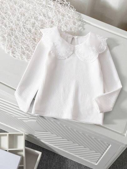 SHEIN Genkimix Kids 女童罗纹面料长袖 T 恤，蕾丝花边领口，舒适休闲优雅时尚，适合春、秋、冬