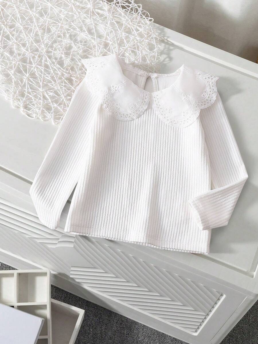 SHEIN Genkimix Kids Áo thun tay dài vải gân cho bé gái có cổ viền ren, thoải mái, thời trang thanh lịch, phù hợp cho mùa xuân, thu, đông - trắng - Xem 1